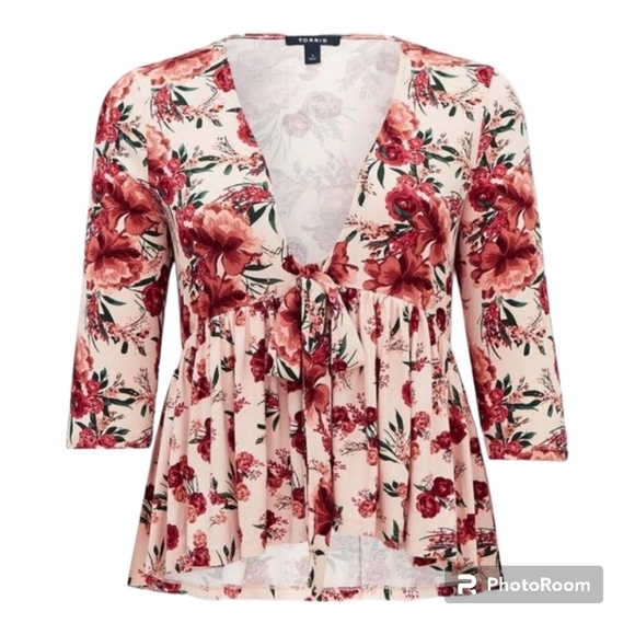 + Torrid peach floral tie front jersey knit baby doll jacket - Picture 11 of 11